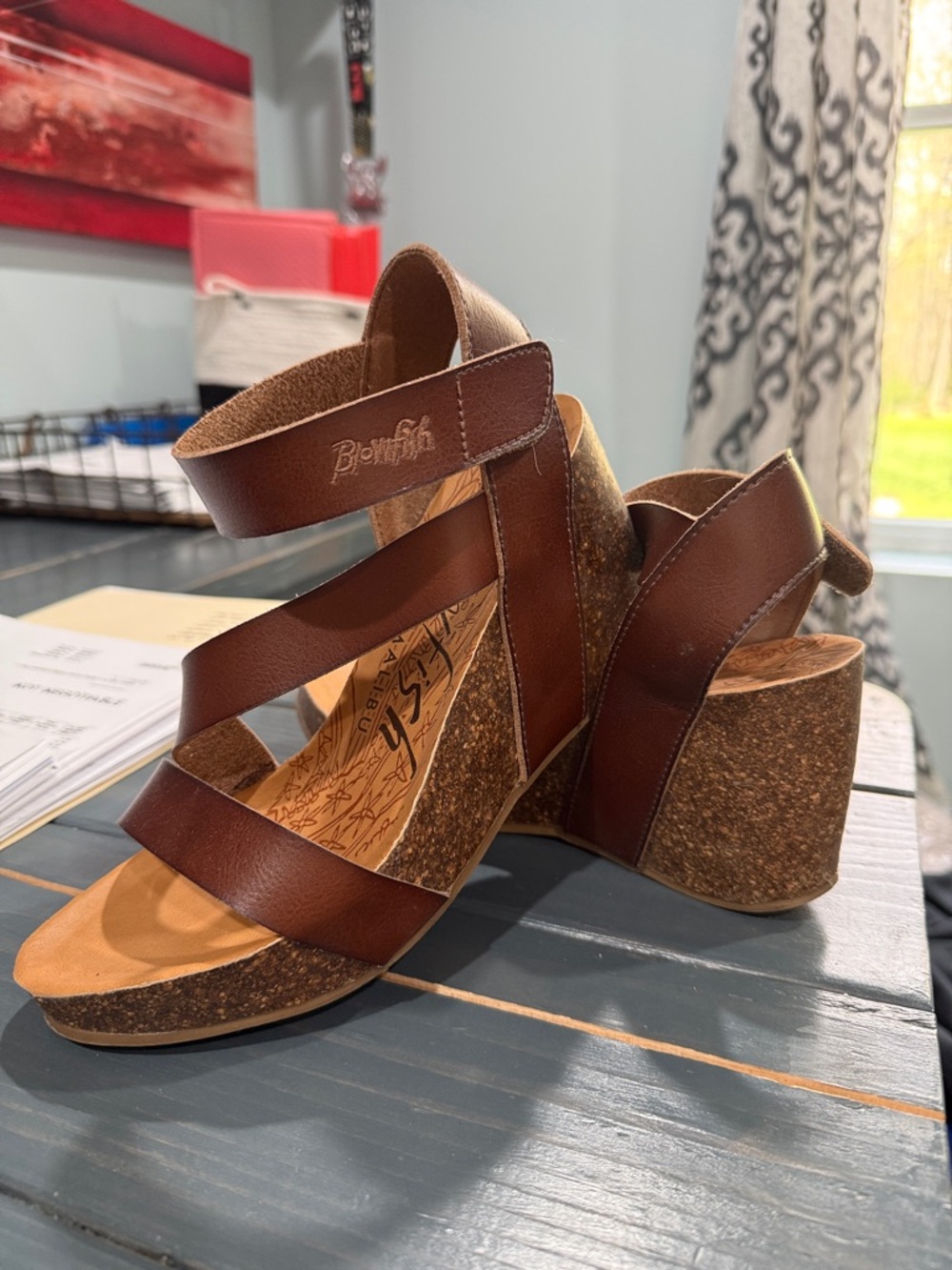 Blowfish Brown Leather Cork Wedge Sandals